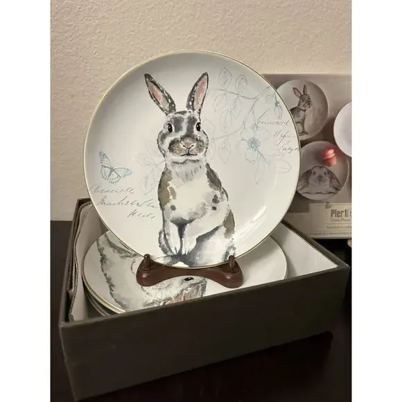 Pier 1 Imports Easter Elegant Gray Bunnies Rabbit 8" Salad Dessert Plates -4 BOX - Picture 4 of 7